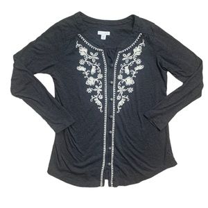 J. Jill gray & white floral embroidered button down blouse cardigan